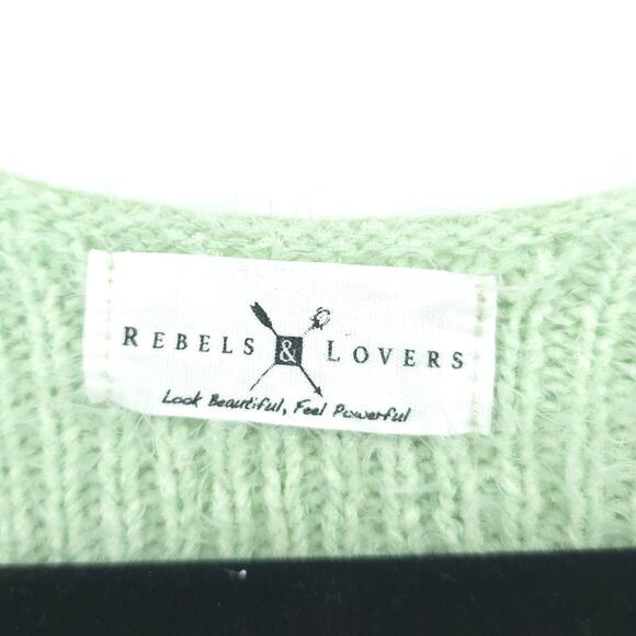 Rebels&Lovers V Neck Fuzzy Twisted Crop Green Eyelash Knit Sweater BellSleeve L - Picture 4 of 13